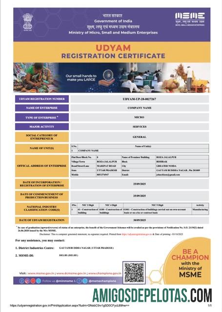 Modelo realista de certificado de registro Udyam da Índia, modelo Word e PDF, versão 2